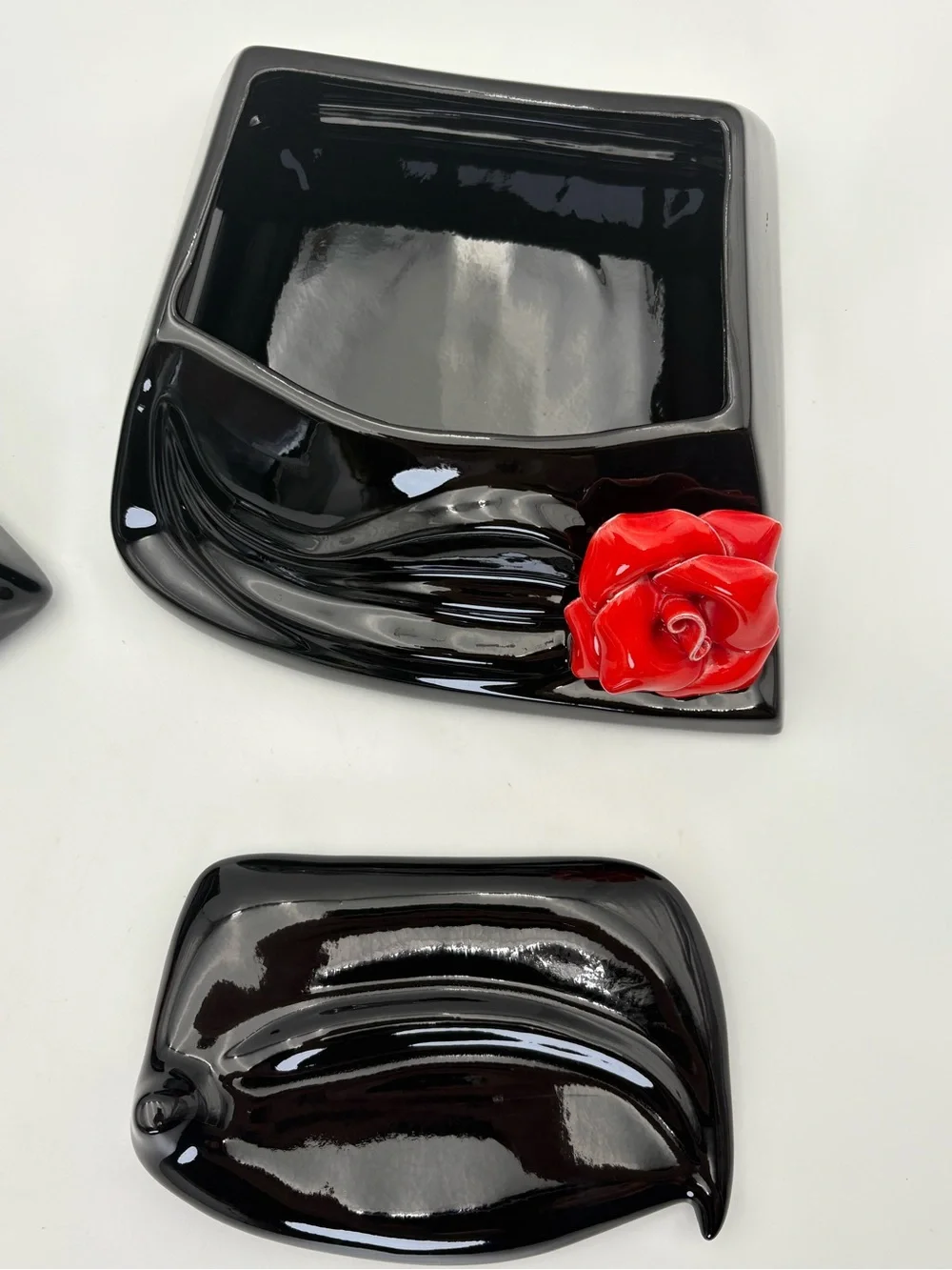 Art Deco Style Black Ceramic and Red Rose Lidded Box and Open Container